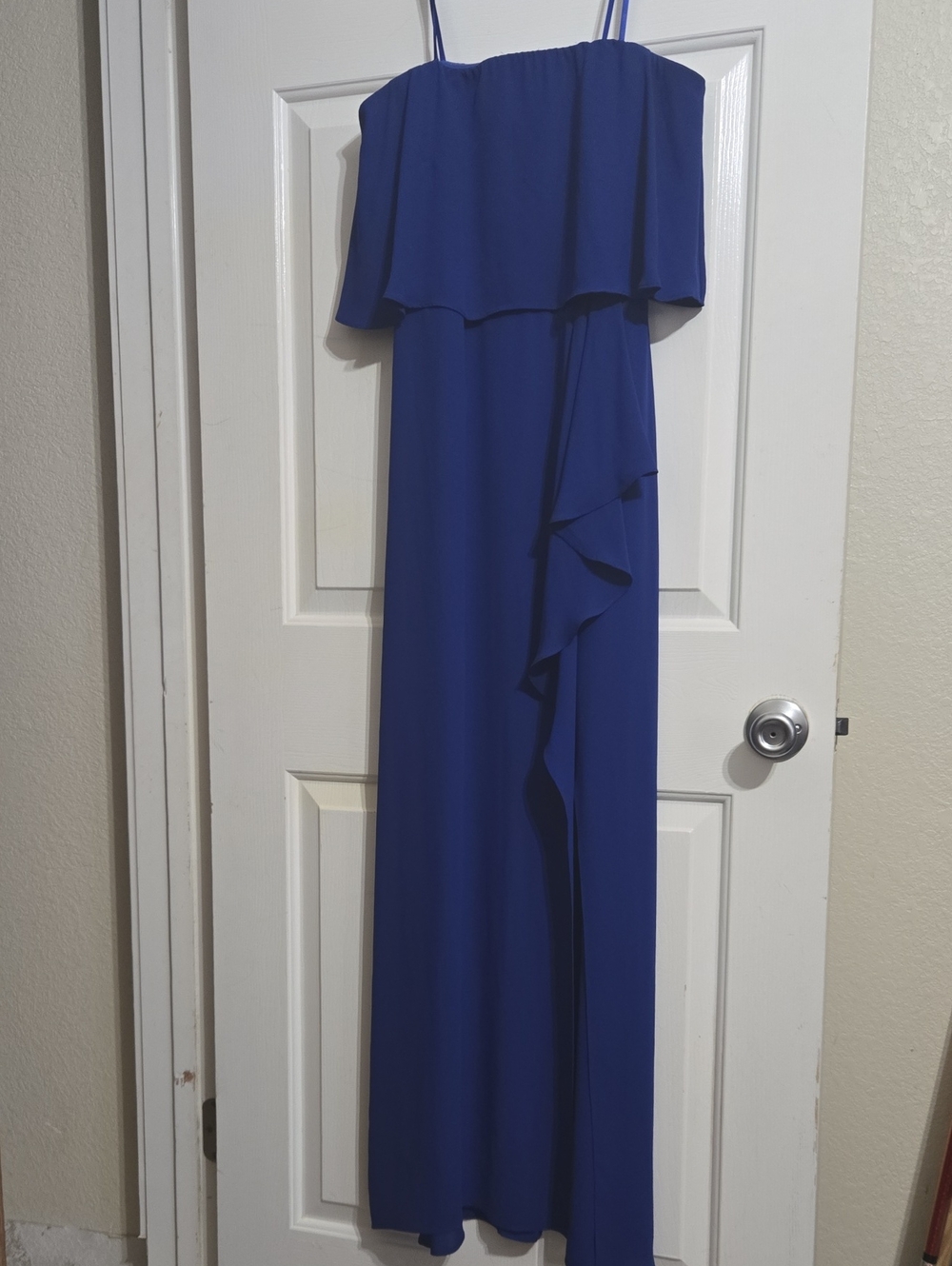 BCBGMaxAzria Cobalt Blue Strapless Ruffle Maxi Dress